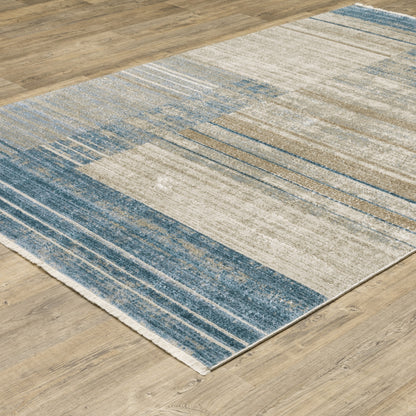 10 x 13 Blue Dark Blue Teal Grey Ivory Beige & Tan Geometric Power Loom Stain Resistant Rug With Fringe