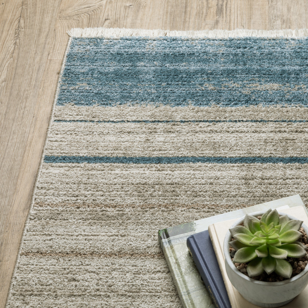 10 x 13 Blue Dark Blue Teal Grey Ivory Beige & Tan Geometric Power Loom Stain Resistant Rug With Fringe