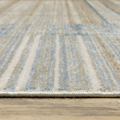10 x 13 Blue Dark Blue Teal Grey Ivory Beige & Tan Geometric Power Loom Stain Resistant Rug With Fringe