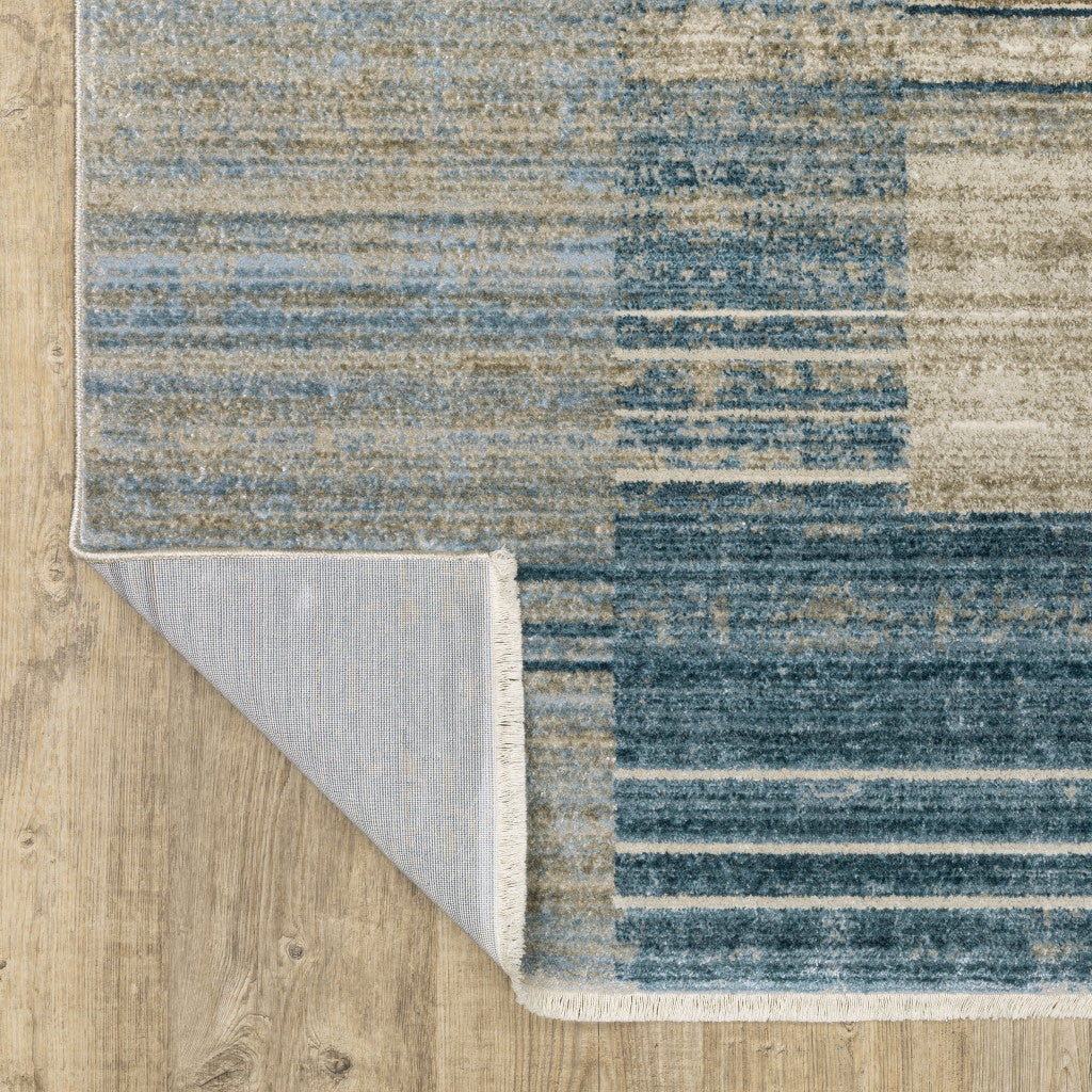 10 x 13 Blue Dark Blue Teal Grey Ivory Beige & Tan Geometric Power Loom Stain Resistant Rug With Fringe
