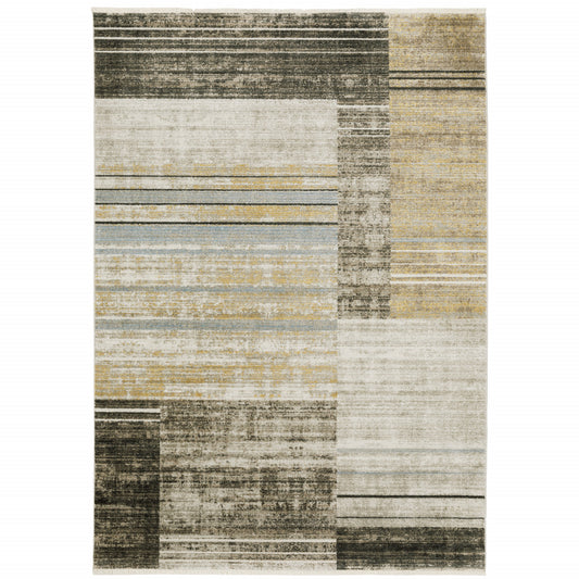10 x 13 Beige Charcoal Brown Grey Tan Gold & Blue Geometric Power Loom Stain Resistant Rug With Fringe