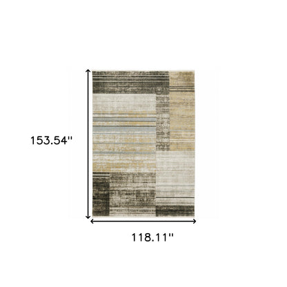 10 x 13 Beige Charcoal Brown Grey Tan Gold & Blue Geometric Power Loom Stain Resistant Rug With Fringe