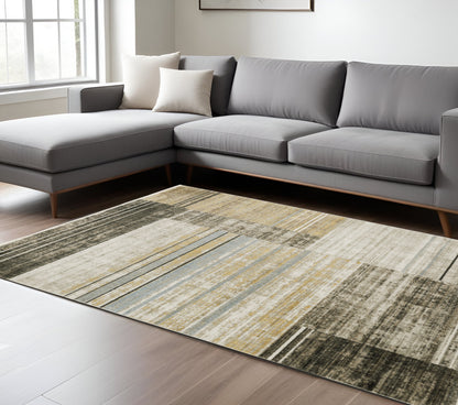 10 x 13 Beige Charcoal Brown Grey Tan Gold & Blue Geometric Power Loom Stain Resistant Rug With Fringe