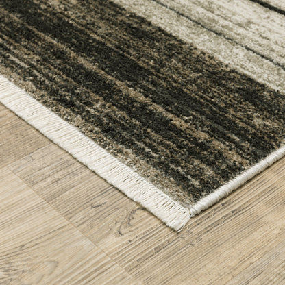 10 x 13 Beige Charcoal Brown Grey Tan Gold & Blue Geometric Power Loom Stain Resistant Rug With Fringe