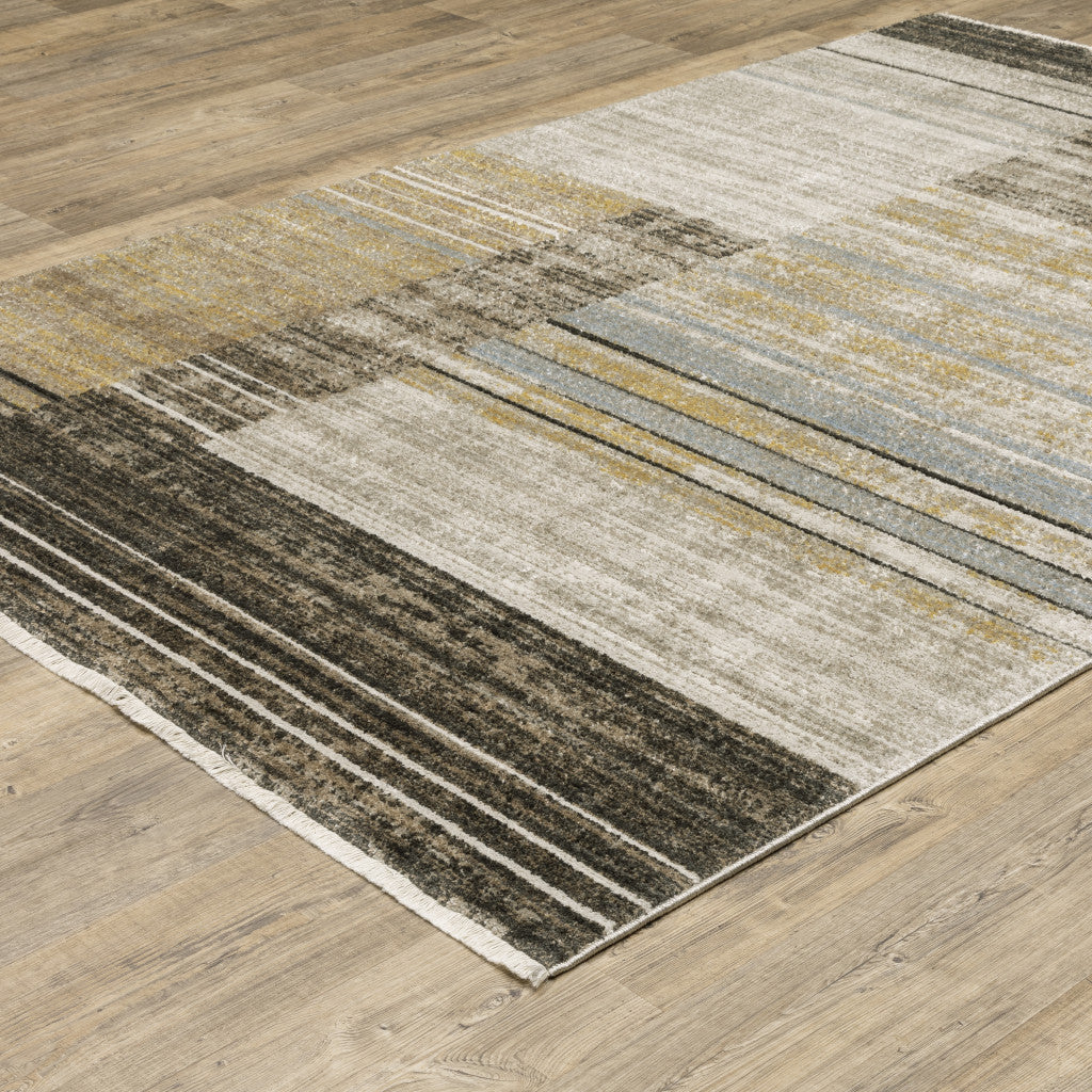 10 x 13 Beige Charcoal Brown Grey Tan Gold & Blue Geometric Power Loom Stain Resistant Rug With Fringe