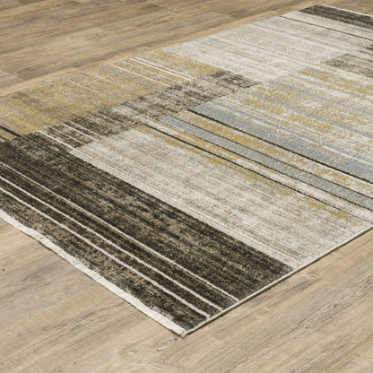 10 x 13 Beige Charcoal Brown Grey Tan Gold & Blue Geometric Power Loom Stain Resistant Rug With Fringe