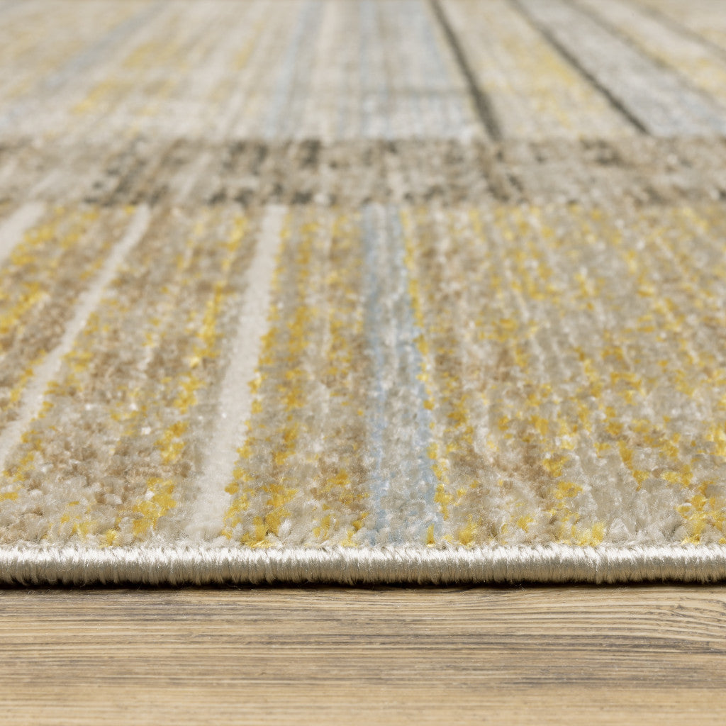 10 x 13 Beige Charcoal Brown Grey Tan Gold & Blue Geometric Power Loom Stain Resistant Rug With Fringe