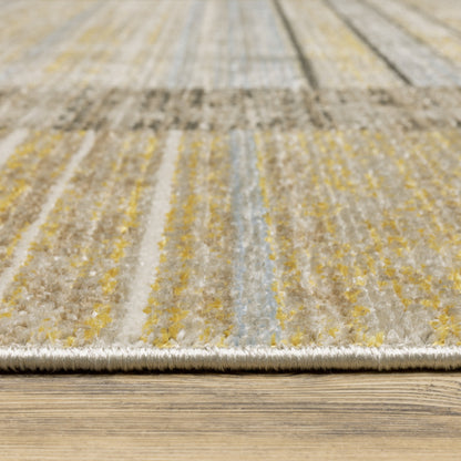 10 x 13 Beige Charcoal Brown Grey Tan Gold & Blue Geometric Power Loom Stain Resistant Rug With Fringe