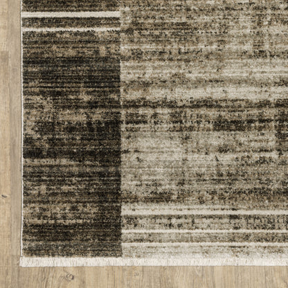 10 x 13 Beige Charcoal Brown Grey Tan Gold & Blue Geometric Power Loom Stain Resistant Rug With Fringe