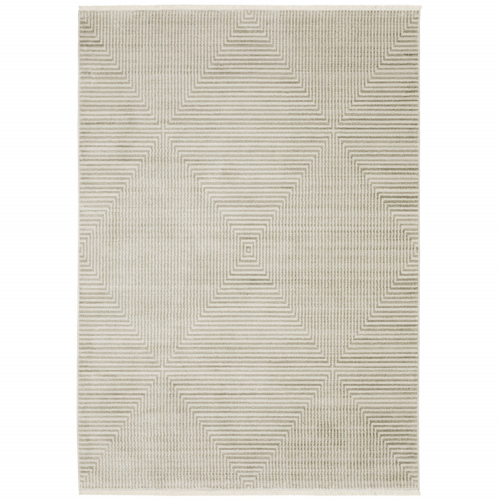 10 x 13 Ivory Beige Taupe & Tan Geometric Power Loom Stain Resistant Rug With Fringe