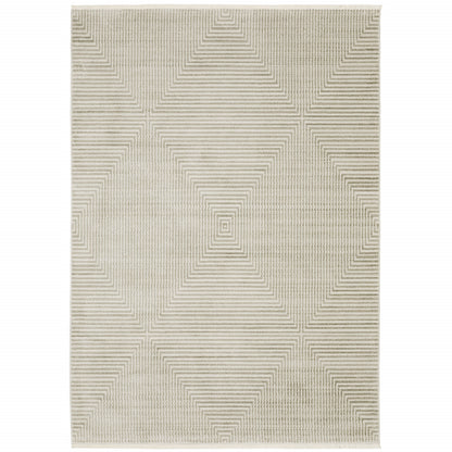 10 x 13 Ivory Beige Taupe & Tan Geometric Power Loom Stain Resistant Rug With Fringe