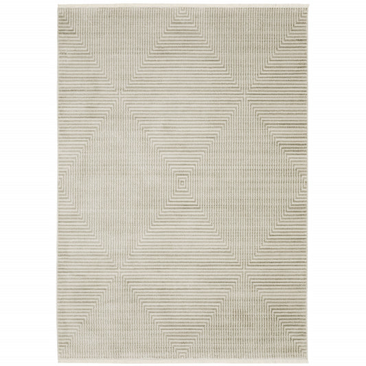 10 x 13 Ivory Beige Taupe & Tan Geometric Power Loom Stain Resistant Rug With Fringe