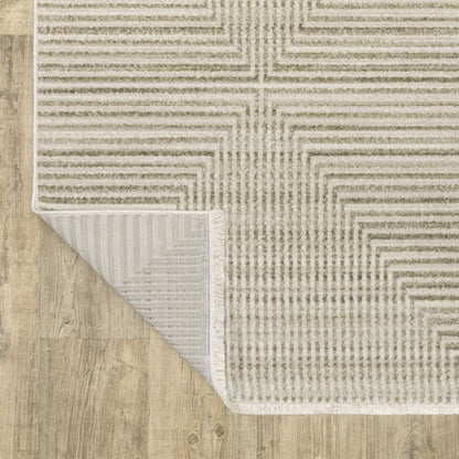 10 x 13 Ivory Beige Taupe & Tan Geometric Power Loom Stain Resistant Rug With Fringe