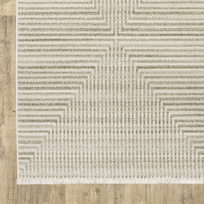 10 x 13 Ivory Beige Taupe & Tan Geometric Power Loom Stain Resistant Rug With Fringe