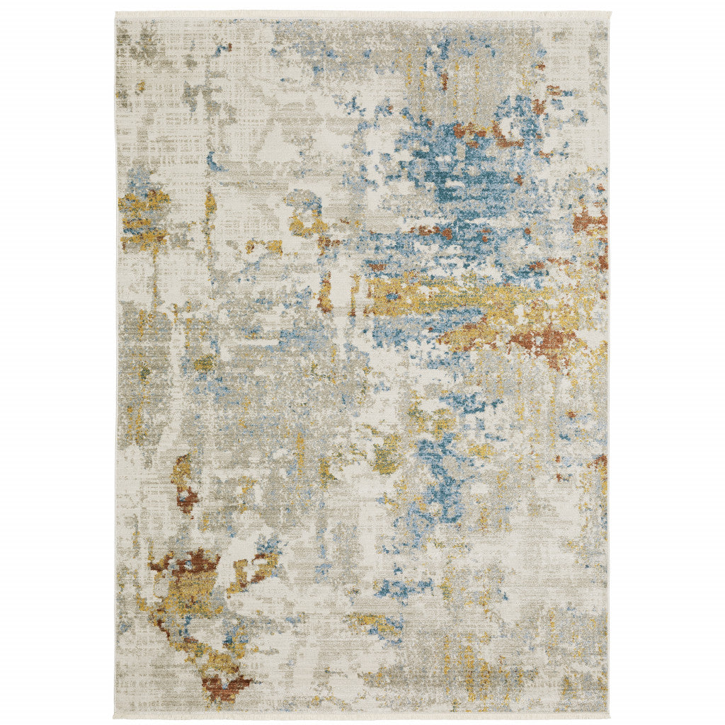 10 x 13 Beige Grey Gold Blue Rust & Teal Power Loom Stain Resistant Rug With Fringe