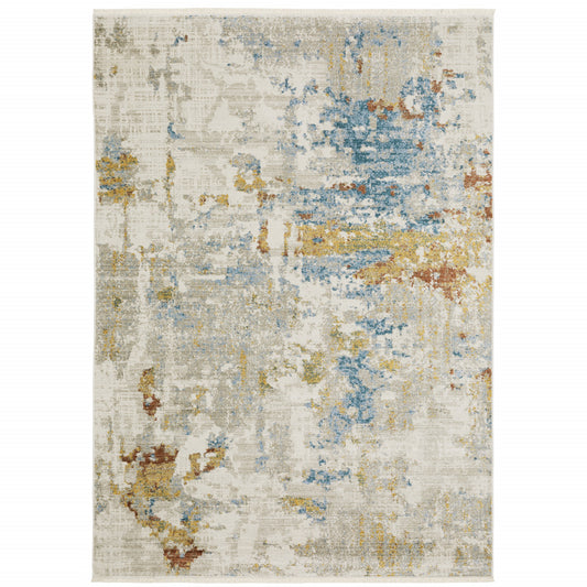 10 x 13 Beige Grey Gold Blue Rust & Teal Power Loom Stain Resistant Rug With Fringe