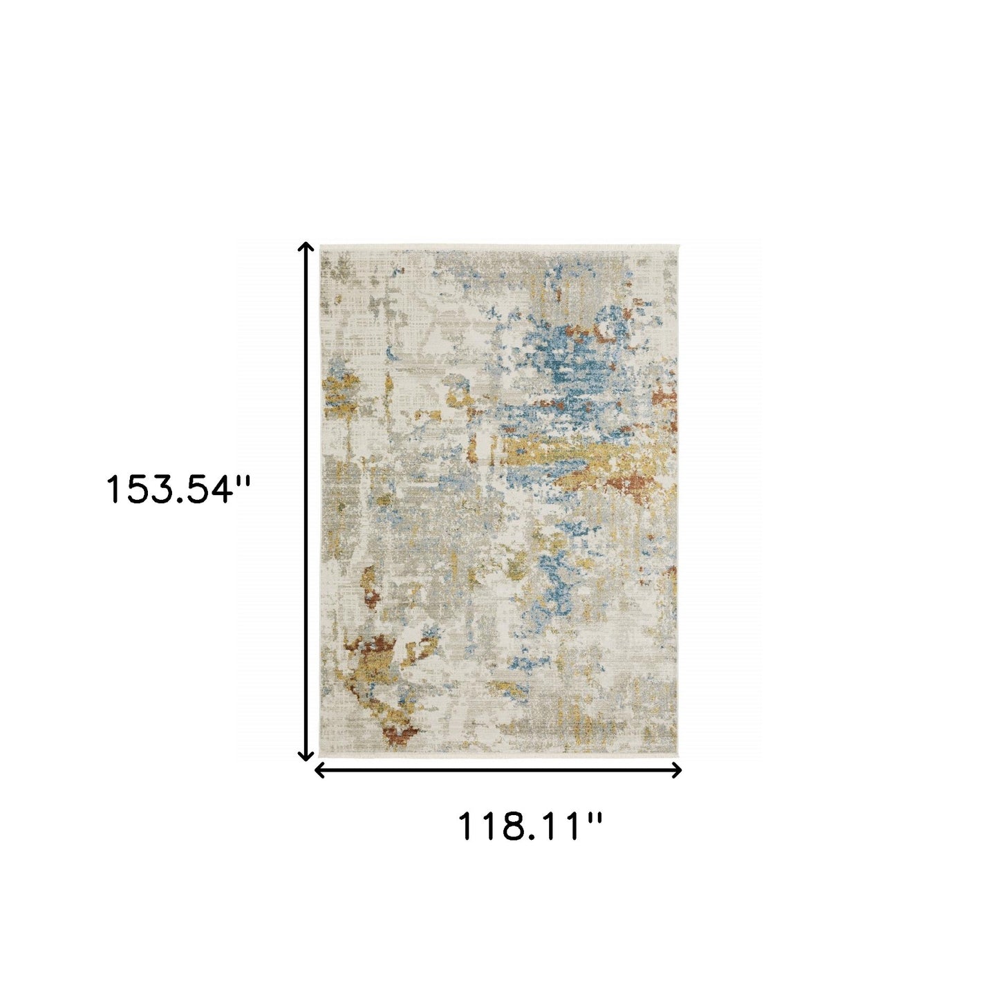 10 x 13 Beige Grey Gold Blue Rust & Teal Power Loom Stain Resistant Rug With Fringe