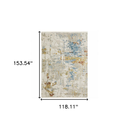 10 x 13 Beige Grey Gold Blue Rust & Teal Power Loom Stain Resistant Rug With Fringe