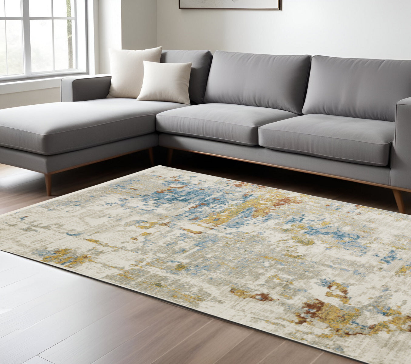 10 x 13 Beige Grey Gold Blue Rust & Teal Power Loom Stain Resistant Rug With Fringe