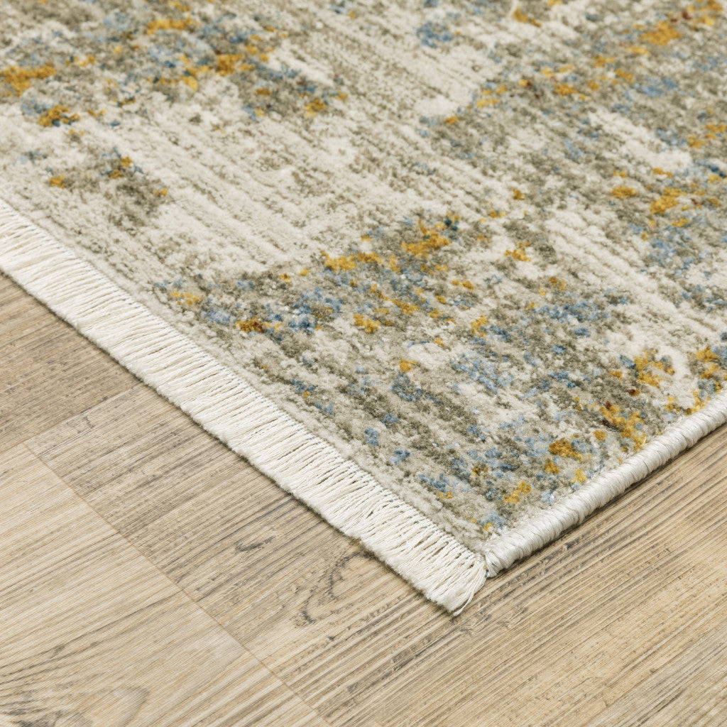 10 x 13 Beige Grey Gold Blue Rust & Teal Power Loom Stain Resistant Rug With Fringe
