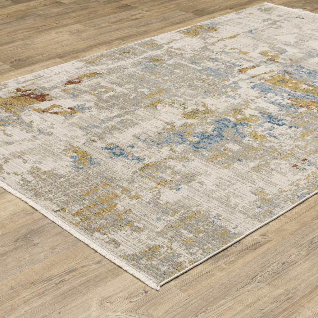 10 x 13 Beige Grey Gold Blue Rust & Teal Power Loom Stain Resistant Rug With Fringe