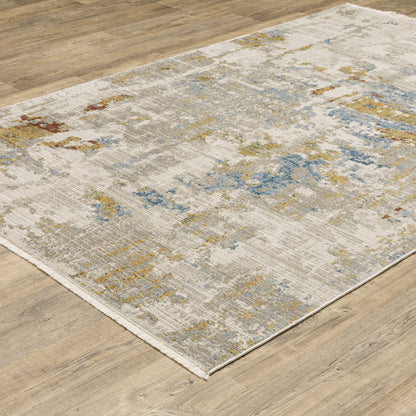 10 x 13 Beige Grey Gold Blue Rust & Teal Power Loom Stain Resistant Rug With Fringe