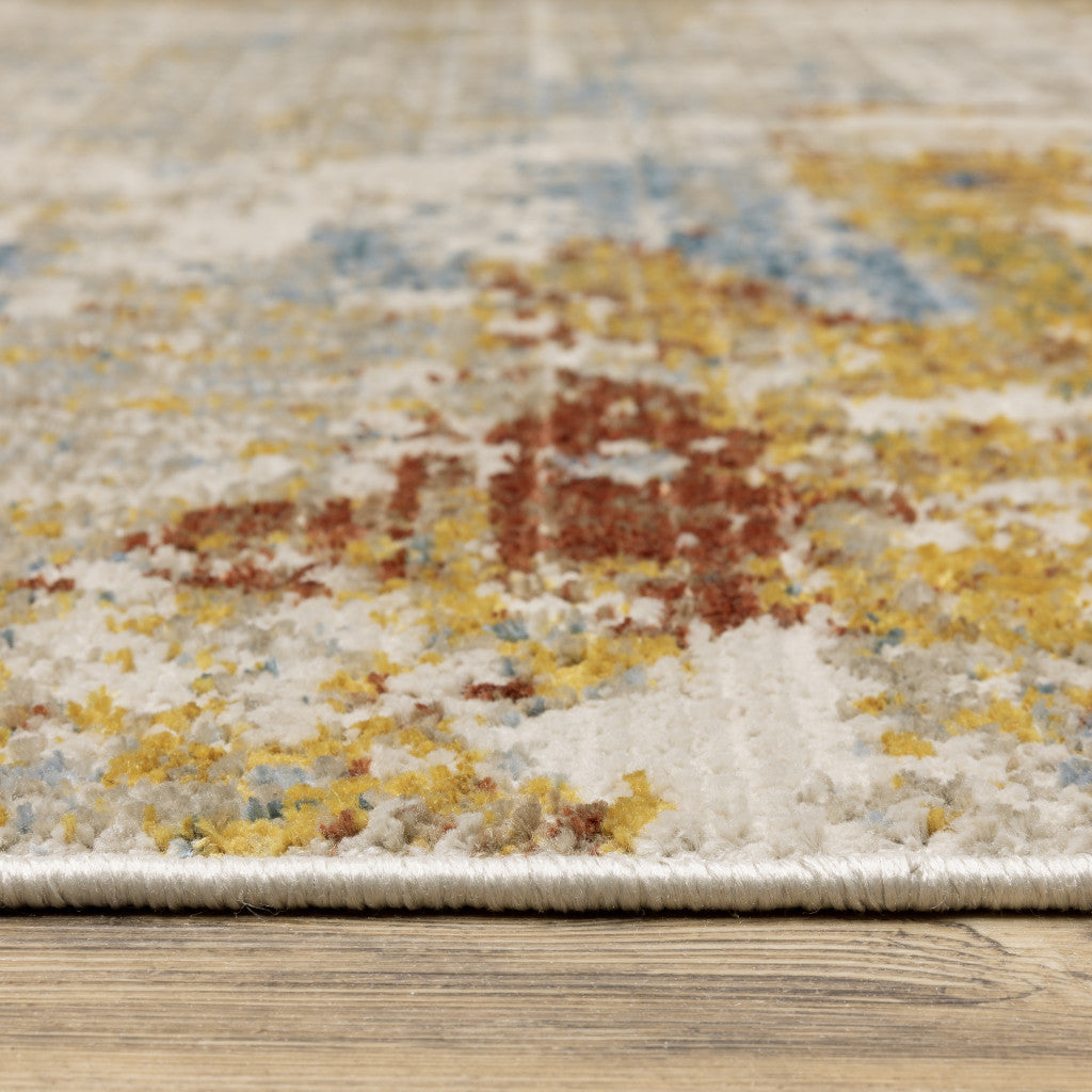 10 x 13 Beige Grey Gold Blue Rust & Teal Power Loom Stain Resistant Rug With Fringe