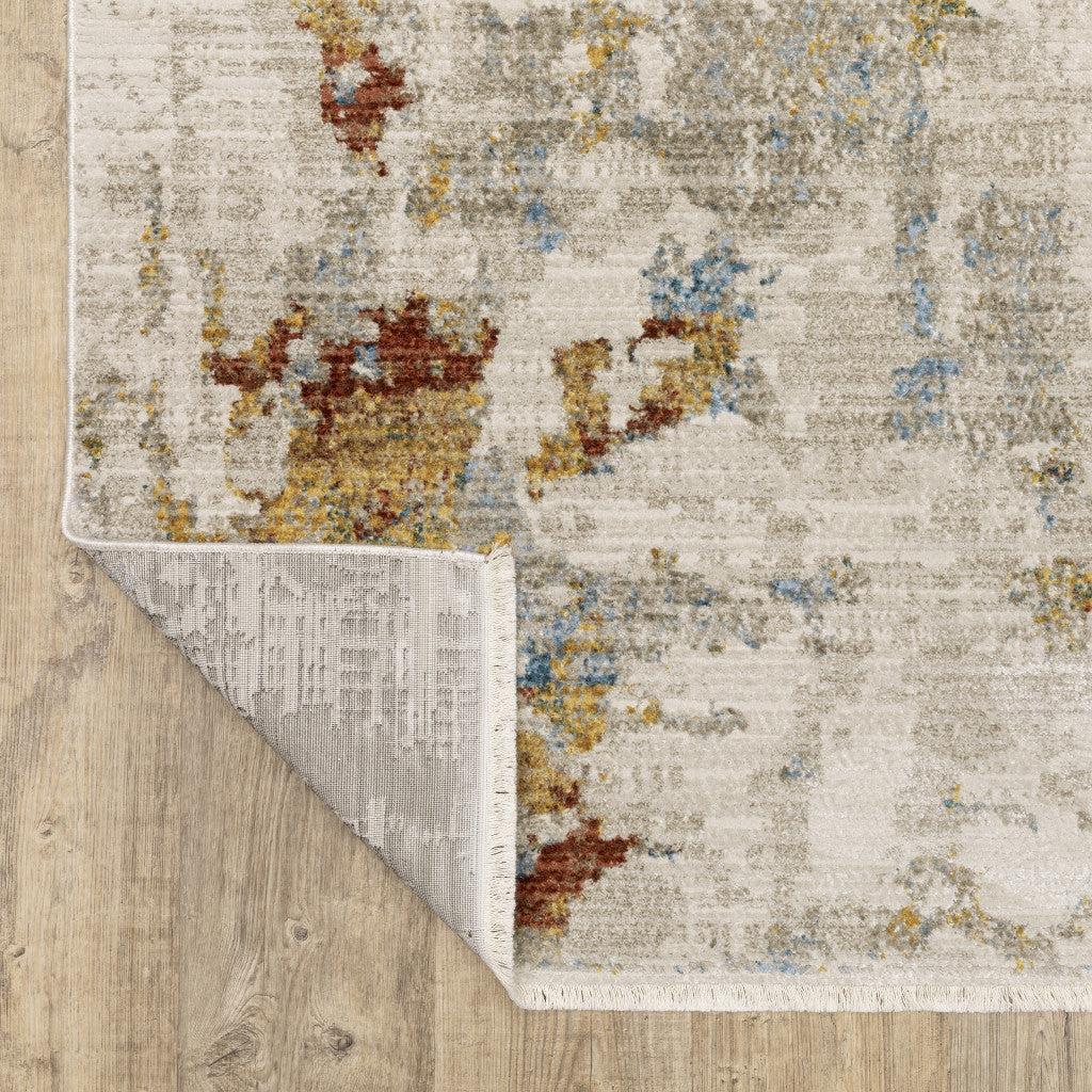 10 x 13 Beige Grey Gold Blue Rust & Teal Power Loom Stain Resistant Rug With Fringe