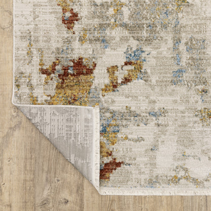10 x 13 Beige Grey Gold Blue Rust & Teal Power Loom Stain Resistant Rug With Fringe