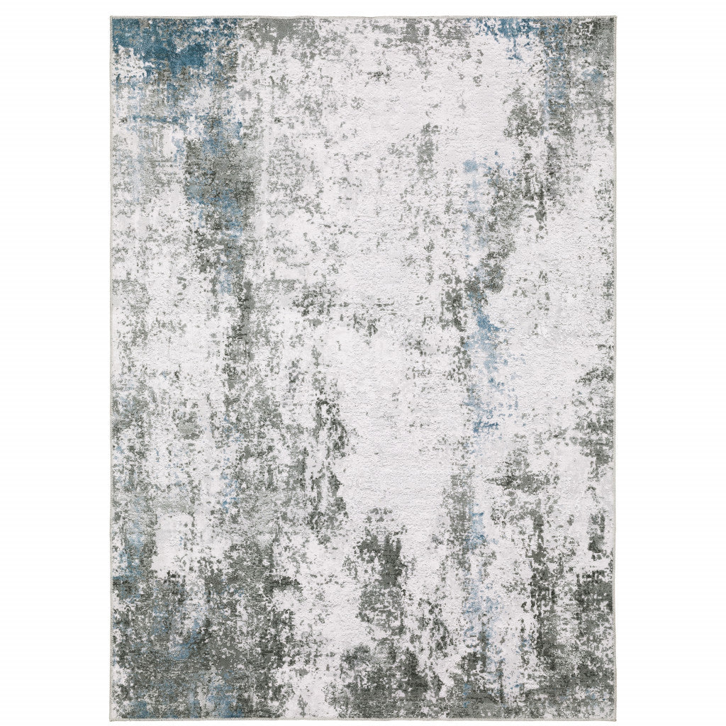 8 x 10 Silver Grey Charcoal & Light Blue Printed Stain Resistant Non Skid Rug