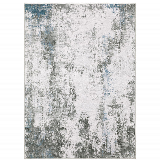 8 x 10 Silver Grey Charcoal & Light Blue Printed Stain Resistant Non Skid Rug