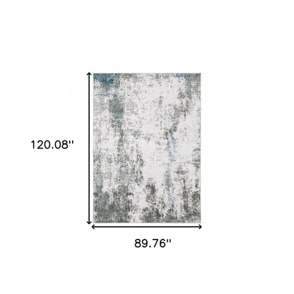 8 x 10 Silver Grey Charcoal & Light Blue Printed Stain Resistant Non Skid Rug