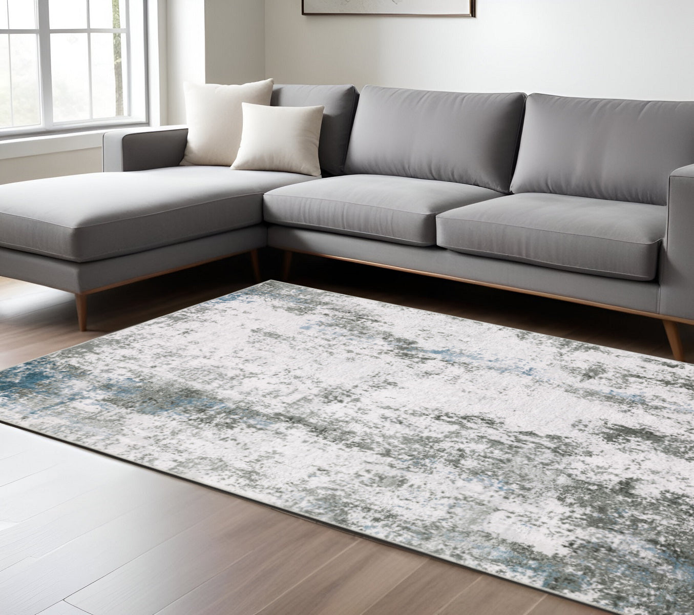8 x 10 Silver Grey Charcoal & Light Blue Printed Stain Resistant Non Skid Rug