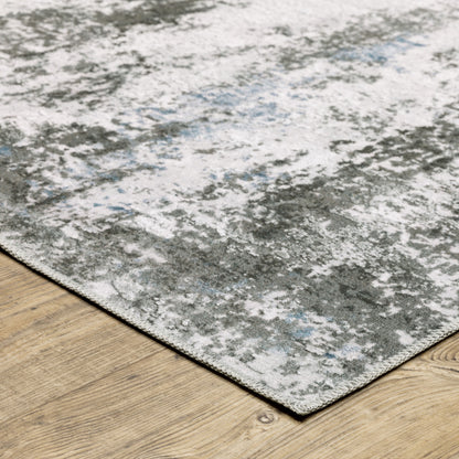 8 x 10 Silver Grey Charcoal & Light Blue Printed Stain Resistant Non Skid Rug