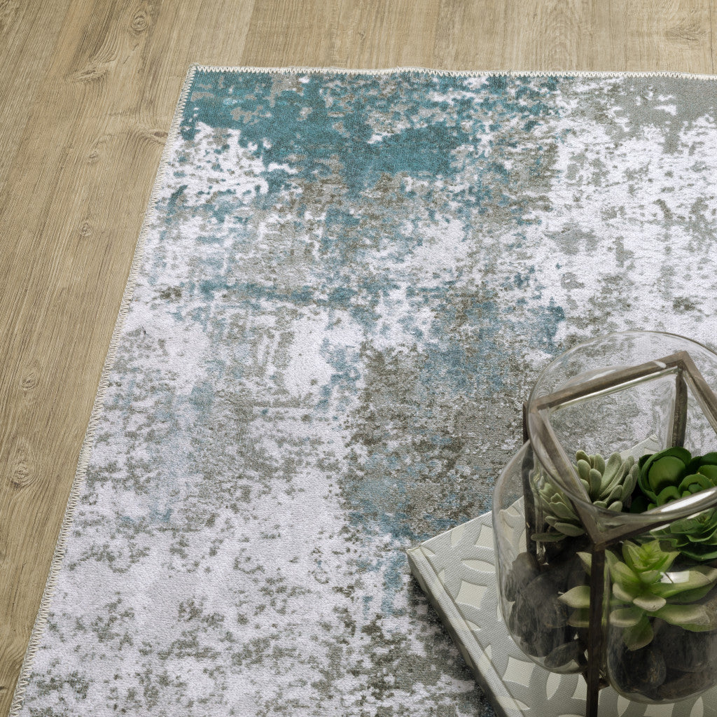 8 x 10 Silver Grey Charcoal & Light Blue Printed Stain Resistant Non Skid Rug