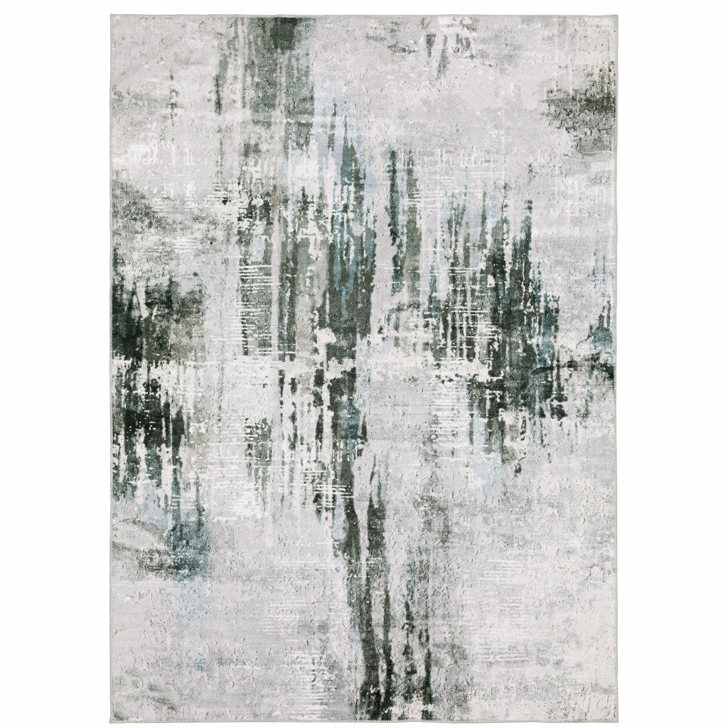 8 x 10 Silver Grey Teal Blue & Charcoal Printed Stain Resistant Non Skid Rug