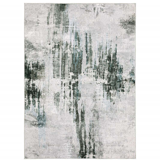 8 x 10 Silver Grey Teal Blue & Charcoal Printed Stain Resistant Non Skid Rug