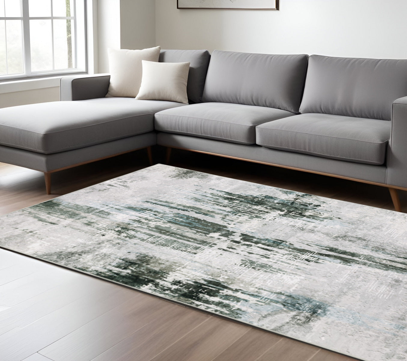 8 x 10 Silver Grey Teal Blue & Charcoal Printed Stain Resistant Non Skid Rug