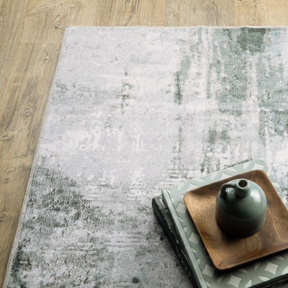 8 x 10 Silver Grey Teal Blue & Charcoal Printed Stain Resistant Non Skid Rug