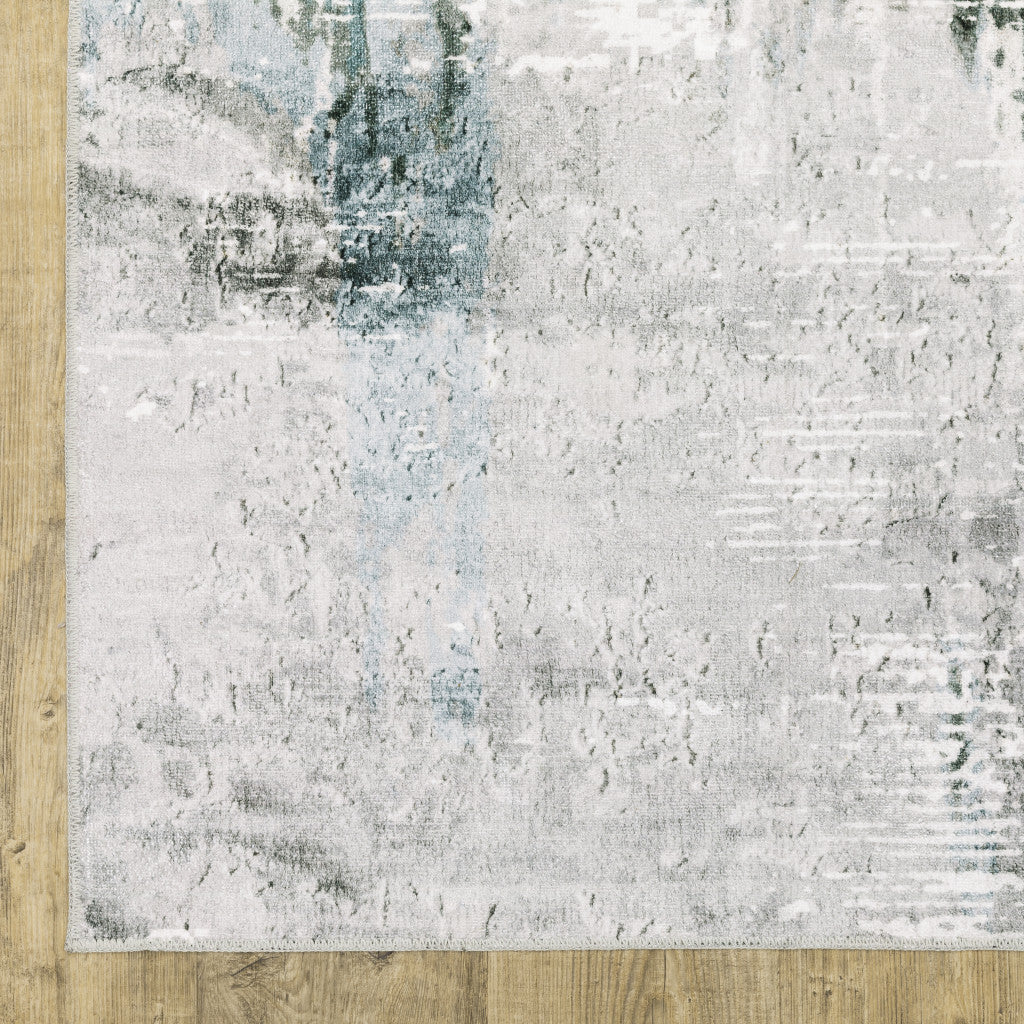 8 x 10 Silver Grey Teal Blue & Charcoal Printed Stain Resistant Non Skid Rug