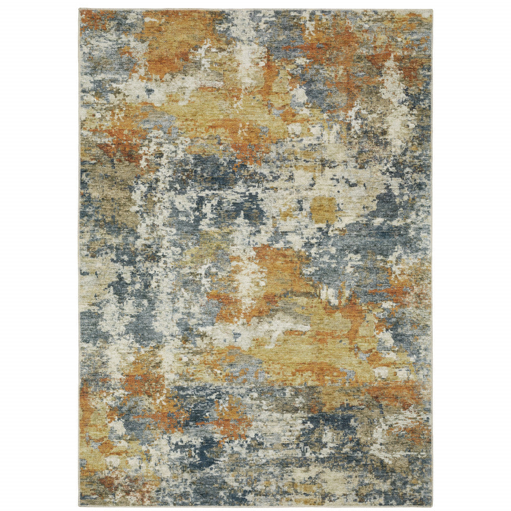 8 x 10 Teal Blue Orange Gold Grey Tan Brown & Beige Printed Stain Resistant Non Skid Rug
