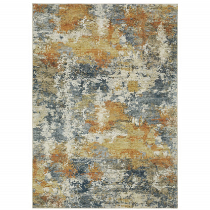 8 x 10 Teal Blue Orange Gold Grey Tan Brown & Beige Printed Stain Resistant Non Skid Rug