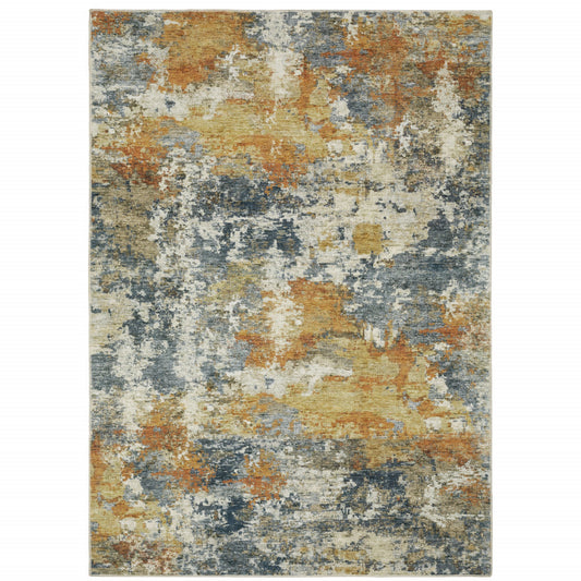 8 x 10 Teal Blue Orange Gold Grey Tan Brown & Beige Printed Stain Resistant Non Skid Rug