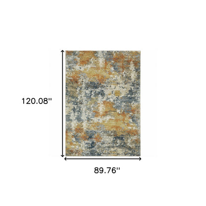 8 x 10 Teal Blue Orange Gold Grey Tan Brown & Beige Printed Stain Resistant Non Skid Rug
