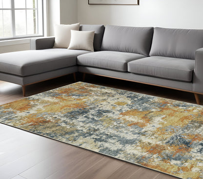 8 x 10 Teal Blue Orange Gold Grey Tan Brown & Beige Printed Stain Resistant Non Skid Rug