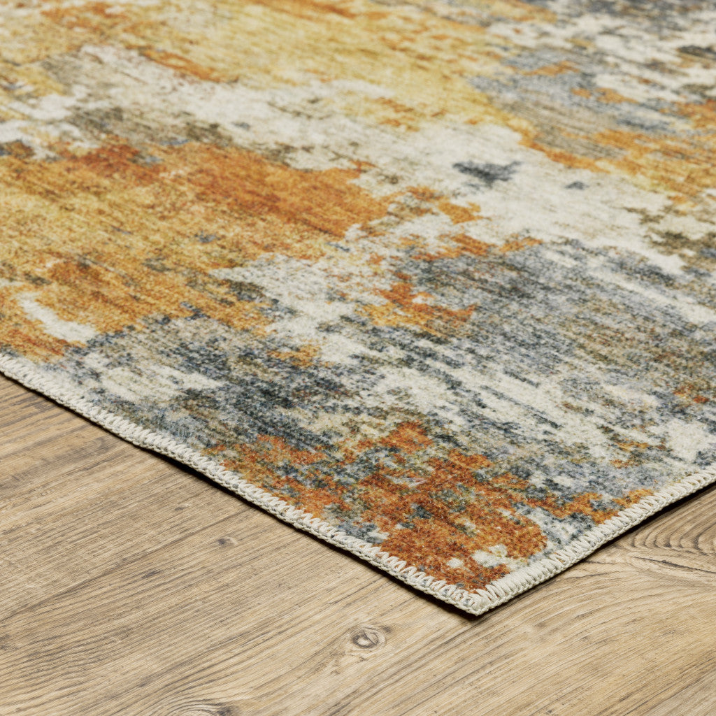 8 x 10 Teal Blue Orange Gold Grey Tan Brown & Beige Printed Stain Resistant Non Skid Rug
