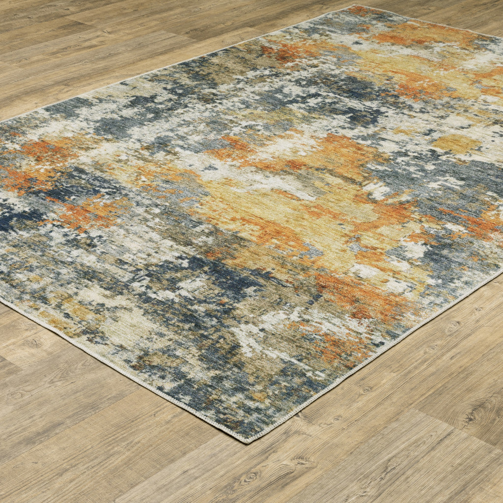 8 x 10 Teal Blue Orange Gold Grey Tan Brown & Beige Printed Stain Resistant Non Skid Rug