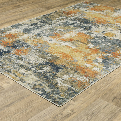 8 x 10 Teal Blue Orange Gold Grey Tan Brown & Beige Printed Stain Resistant Non Skid Rug