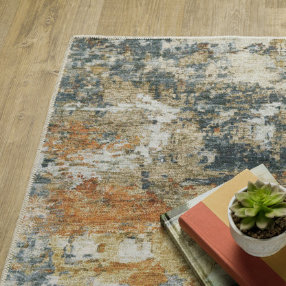 8 x 10 Teal Blue Orange Gold Grey Tan Brown & Beige Printed Stain Resistant Non Skid Rug