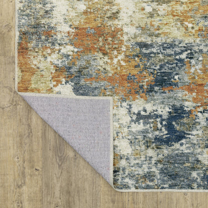 8 x 10 Teal Blue Orange Gold Grey Tan Brown & Beige Printed Stain Resistant Non Skid Rug